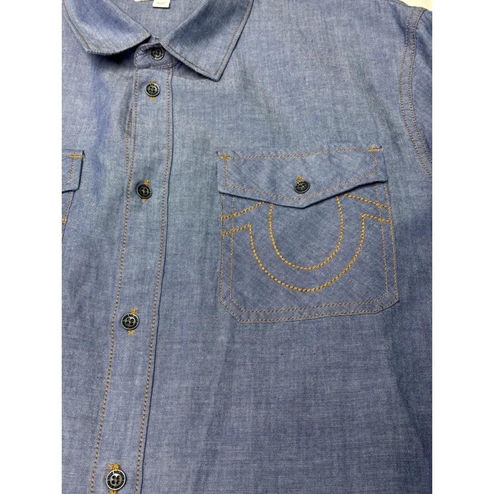 True‎ Religion Mens XL Blue Chambray Button Down Shirt Horseshoe Stitching Long